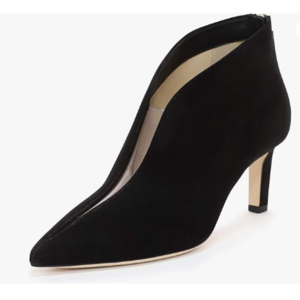 YDN Black Pointed Toe V Cut Ankle Booties Mid Heel Faux Suede PVC Zippers Boots